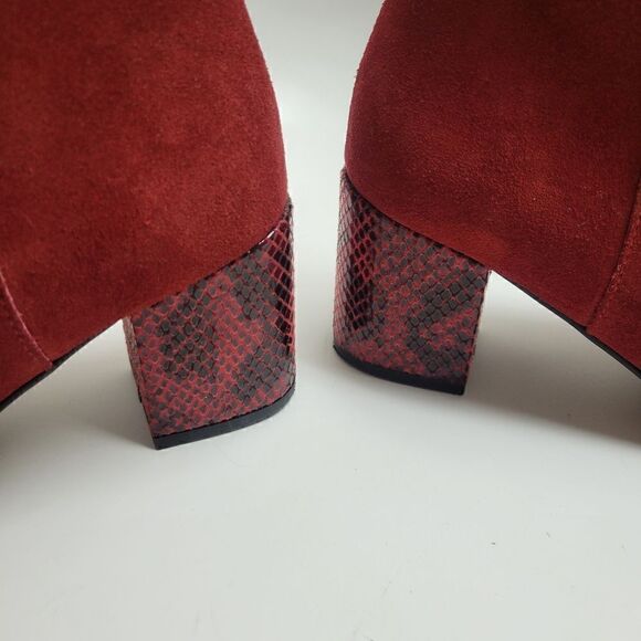 Portuguese Red Suede Leather & Snakeskin Block Heel Point Boots - Picture 4 of 14